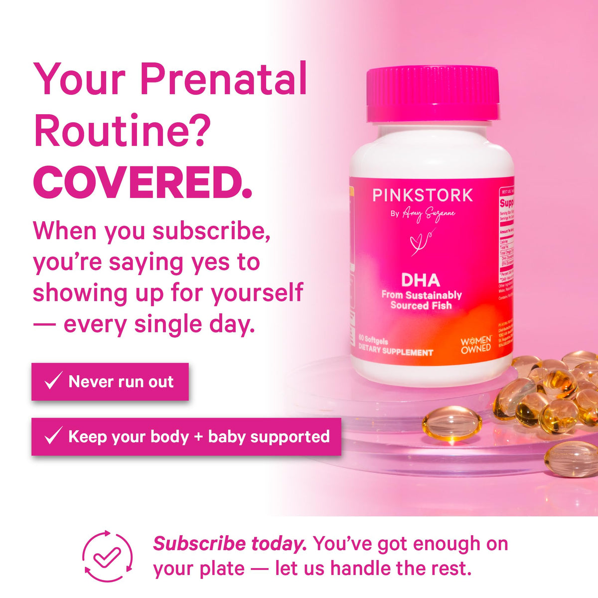 Pink Stork Huile de Poisson Omega-3 sur un fond blanc