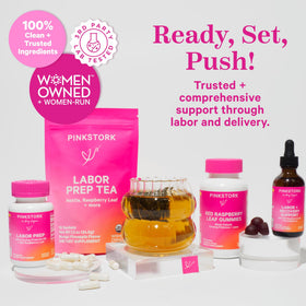 Pink Stork Labor Prep avec des feuilles de framboisier
