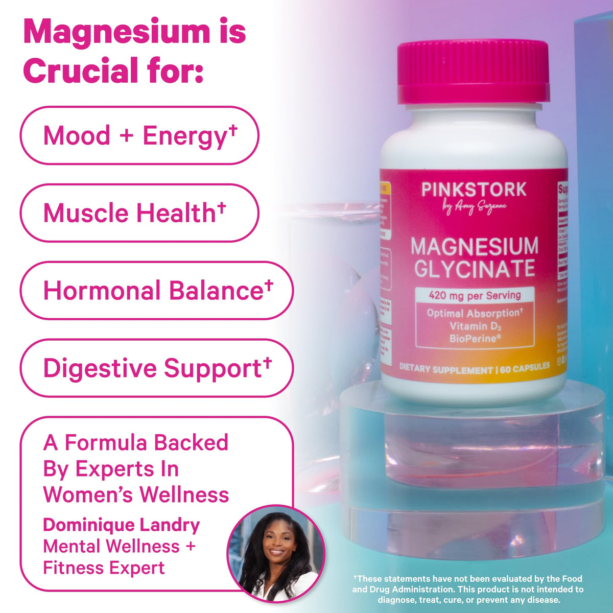 Pink Stork Magnésium Glycinate avec Vitamine D3 et ingrédients sur l'étiquette