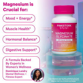 Pink Stork Magnésium Glycinate avec Vitamine D3 et ingrédients sur l'étiquette