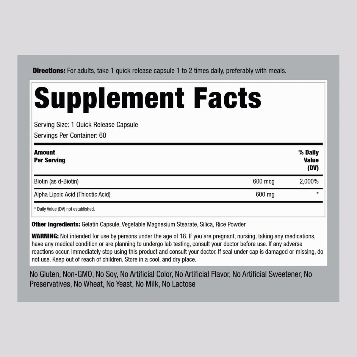 Piping Rock Acide Alpha Lipoïque 600mg capsules à libération rapide