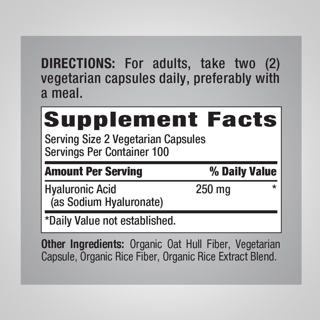 Piping Rock Acide Hyaluronique 250 mg 200 Capsules côté