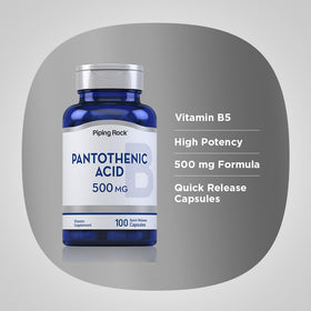 Piping Rock Acide Pantothénique 500mg capsules sur fond blanc