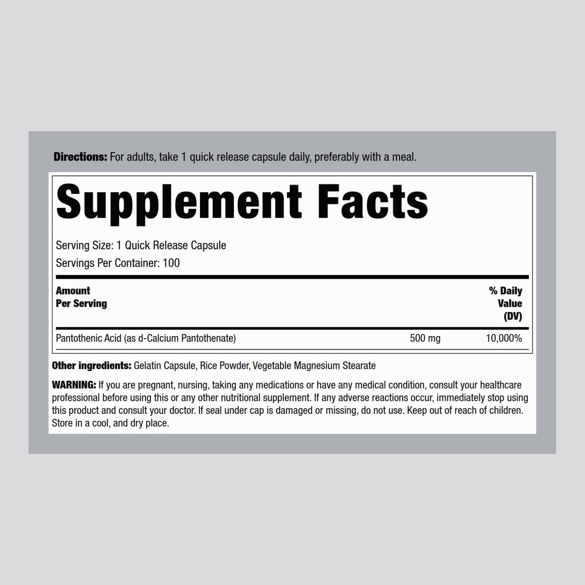 Piping Rock Acide Pantothénique 500mg capsules vue arrière