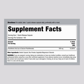 Piping Rock Acide Pantothénique 500mg capsules vue arrière