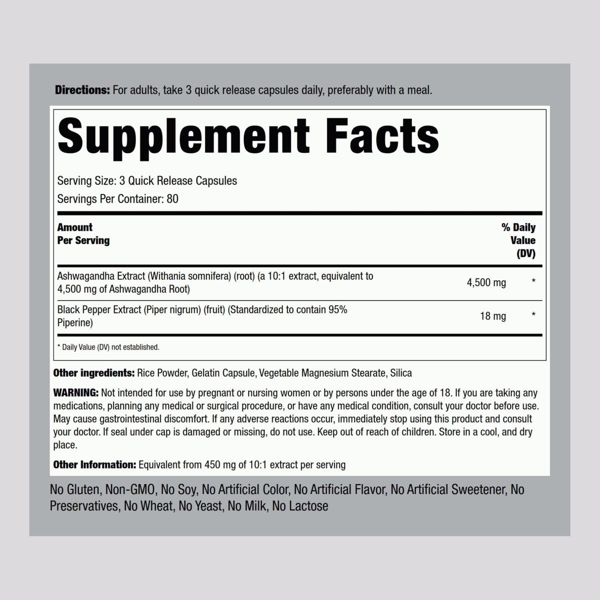 Piping Rock Ashwagandha 240 capsules avec étiquette visible