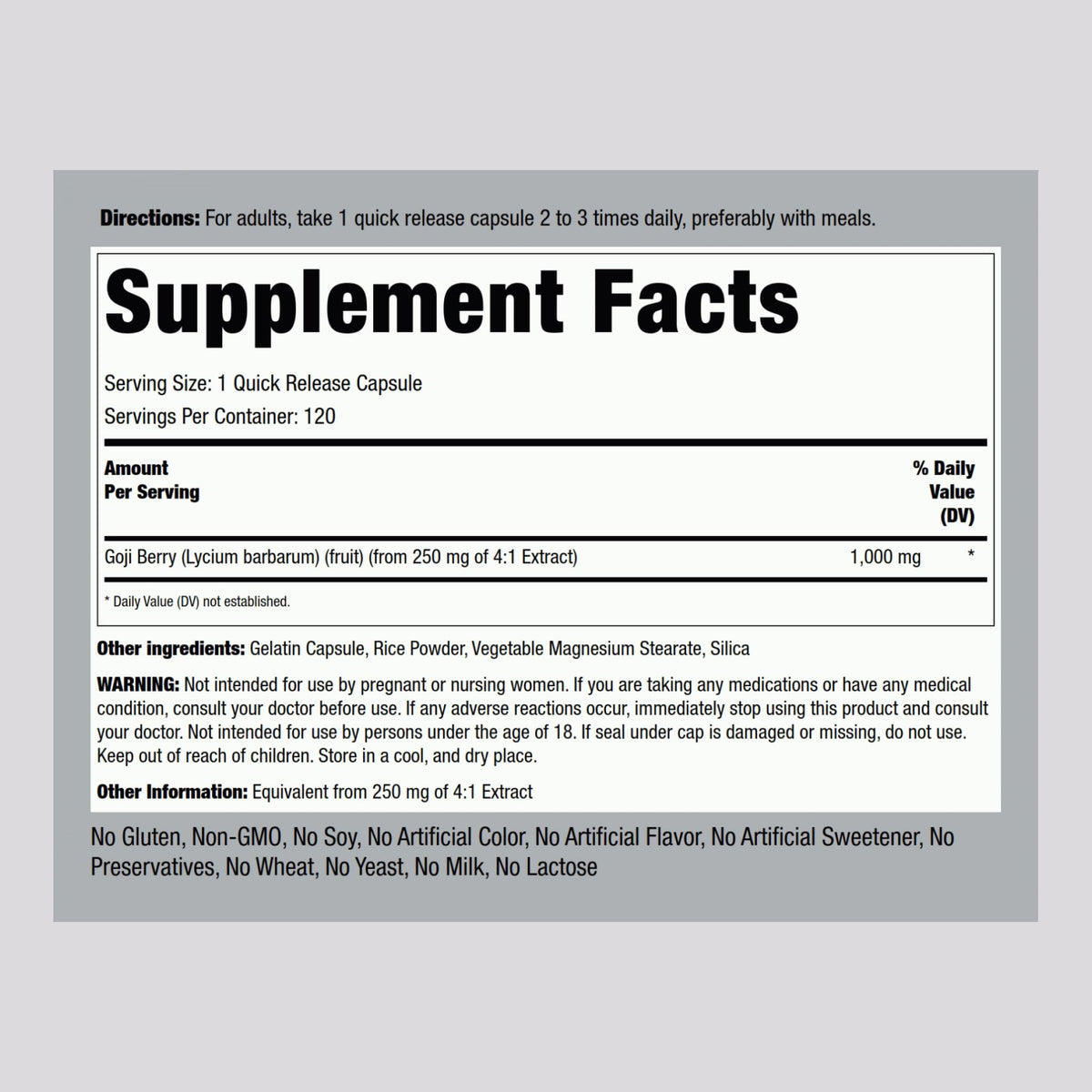 Piping Rock Baies de Goji Capsules - Détail des capsules