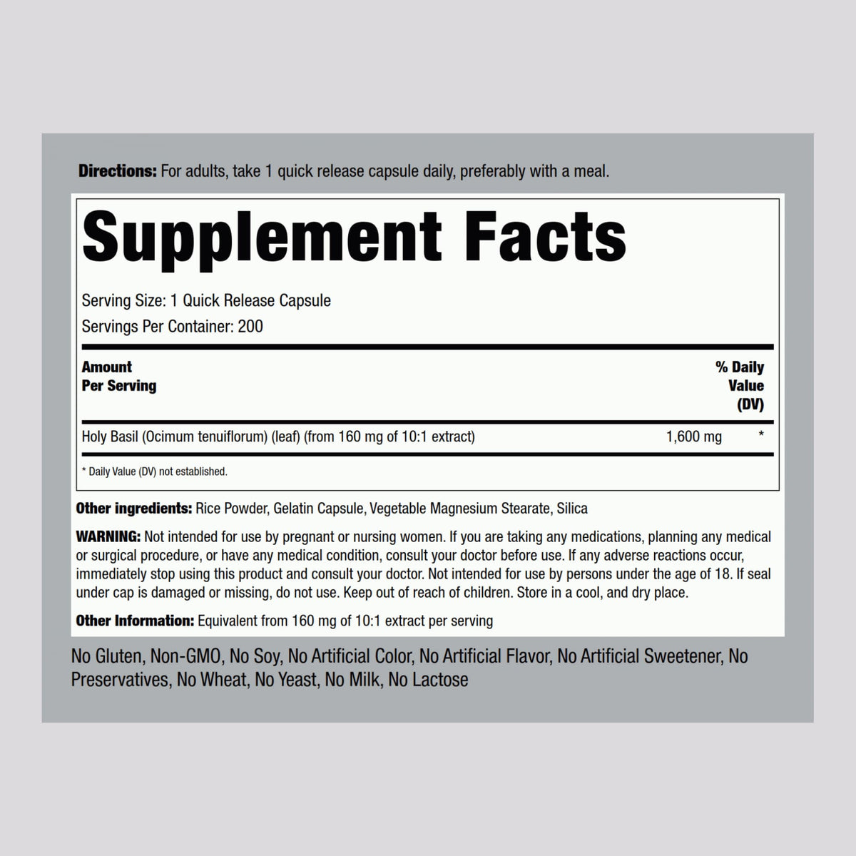 Piping Rock Basilic Sacré 200 Capsules côté
