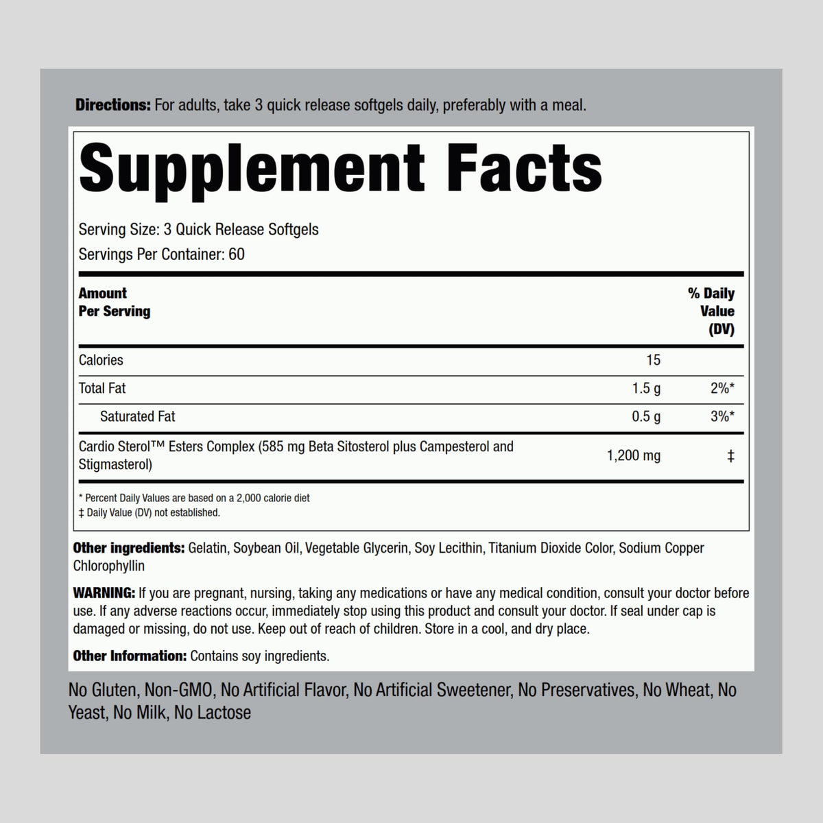 Piping Rock Beta Sitosterol 1200 mg 180 gélules arrière