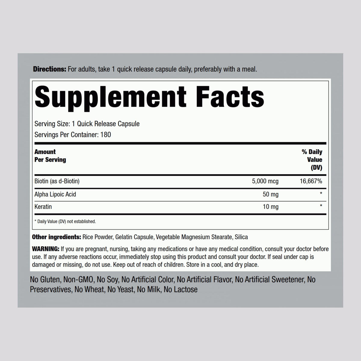 Piping Rock Biotine 5000mcg 180 Capsules côté droit