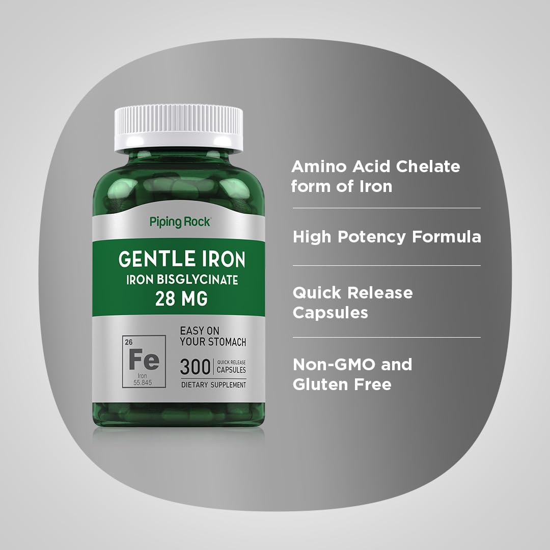 Piping Rock Bisglycinate de Fer 28 mg 300 capsules avec étiquette