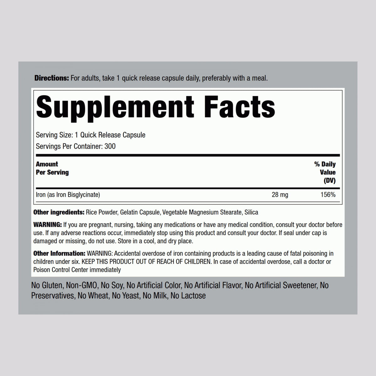Piping Rock Bisglycinate de Fer 28 mg 300 capsules côté