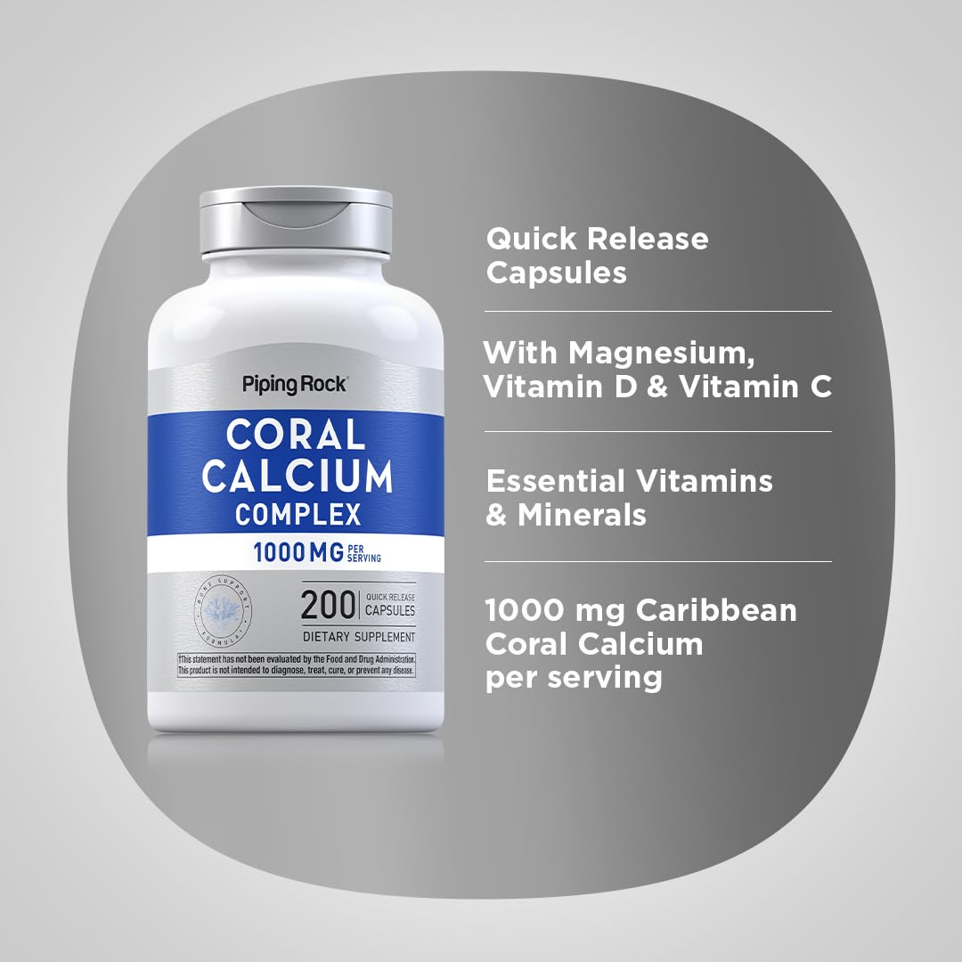 Piping Rock Calcium Corail 1000 mg 200 Capsules avec étiquette
