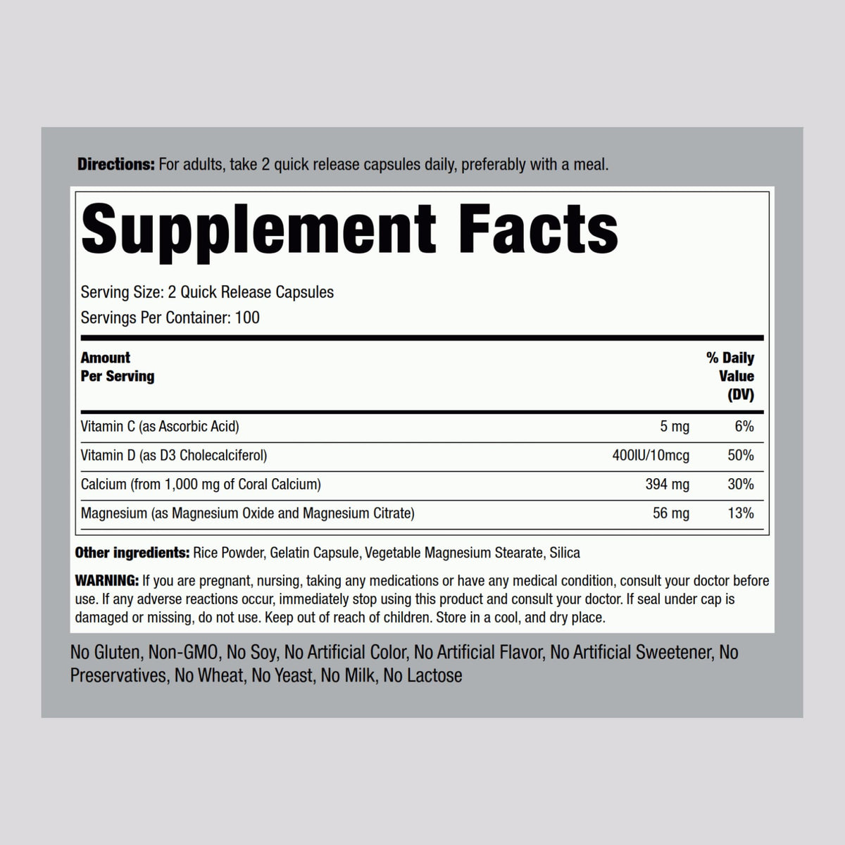 Piping Rock Calcium Corail 1000 mg 200 Capsules vue arrière