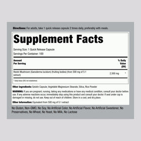 Piping Rock Capsules de Champignon Reishi arrière avec informations nutritionnelles