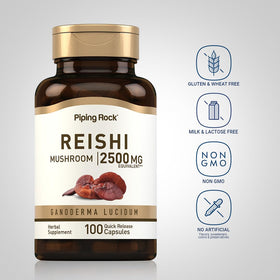 Piping Rock Capsules de Champignon Reishi en gros plan sur le flacon