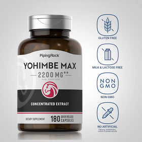 Piping Rock Capsules de Yohimbe 180 avec dose sur une table
