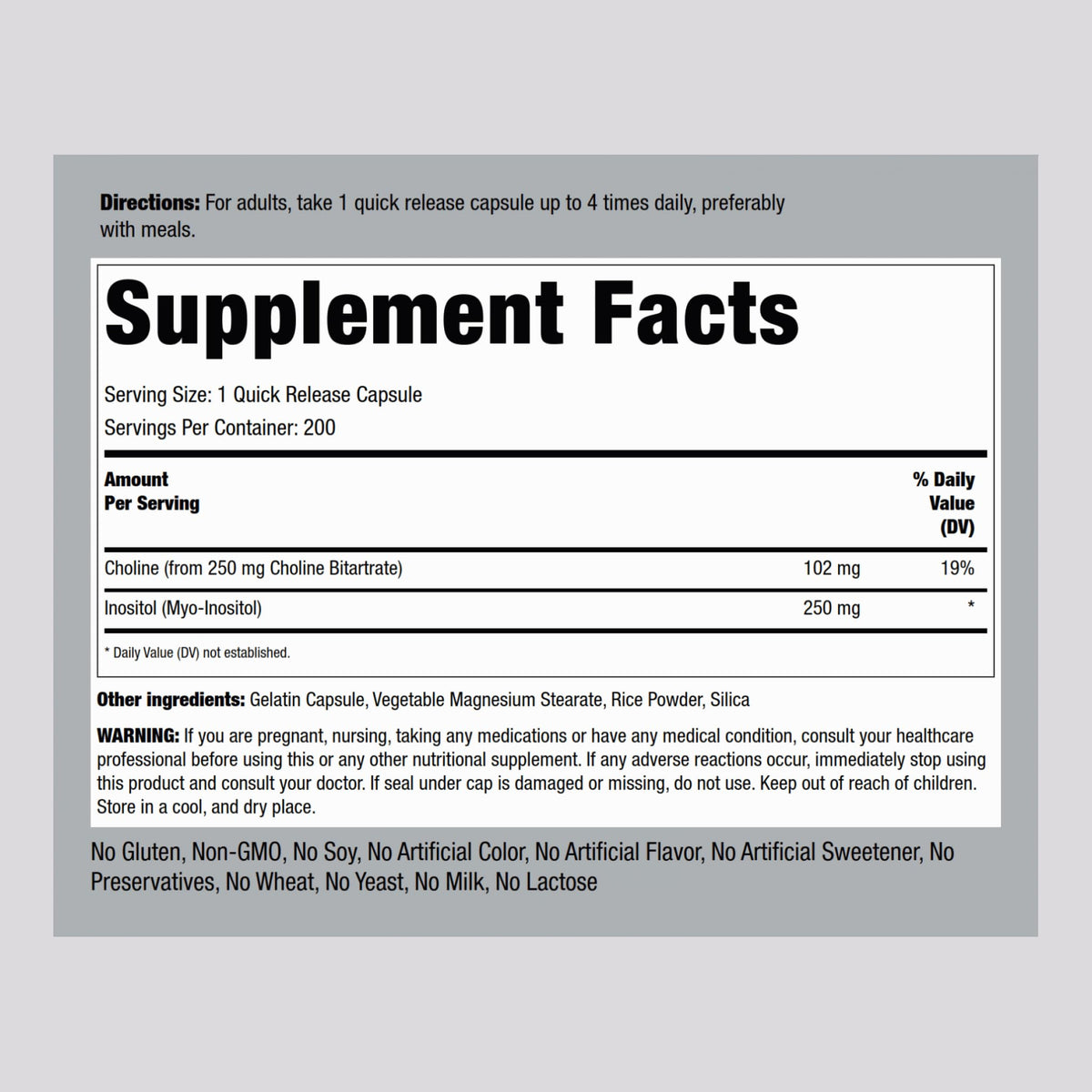 Piping Rock Choline Inositol 500mg capsules ouvertes sur une table