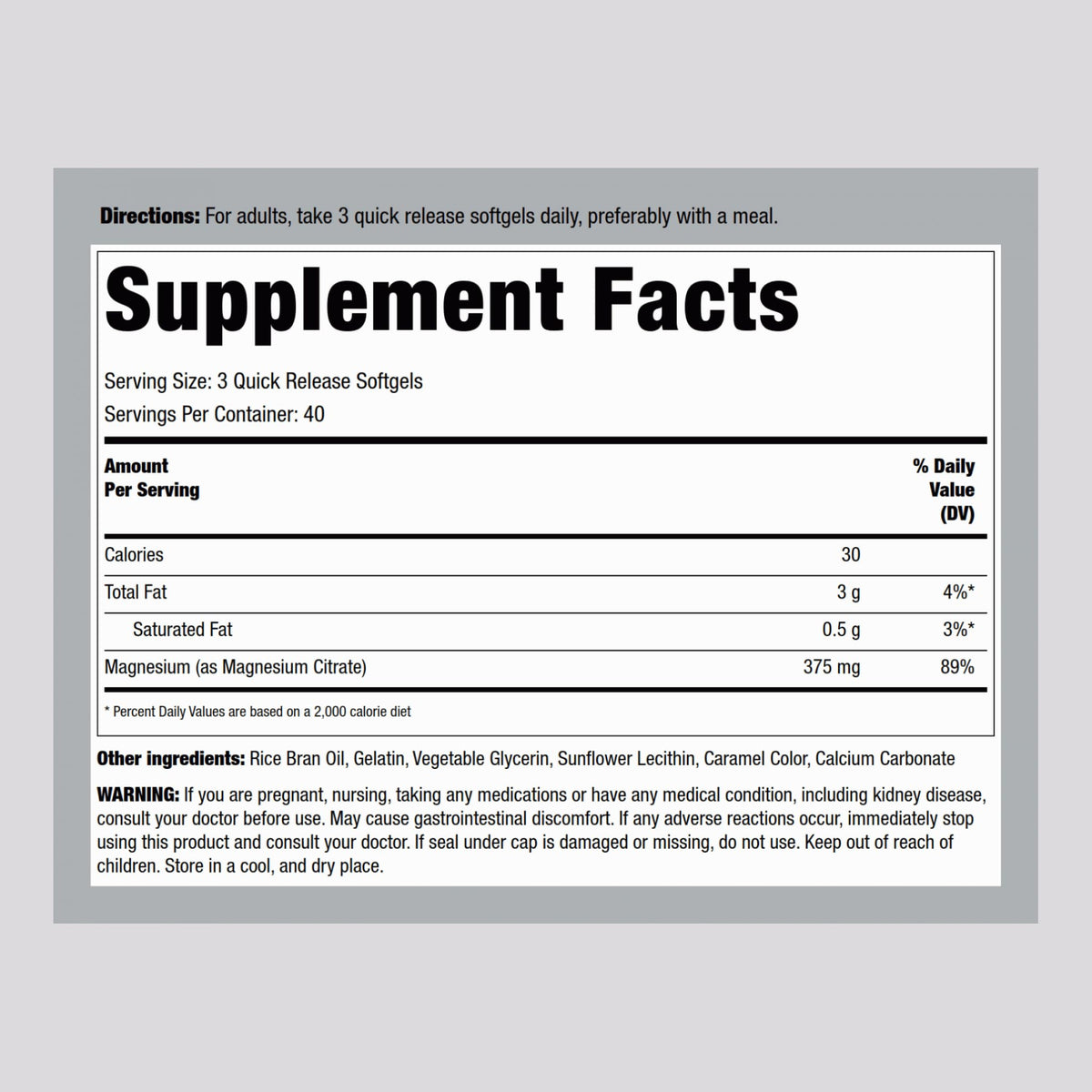 Piping Rock Citrate de Magnésium 375 mg gélules à libération rapide vue de côté