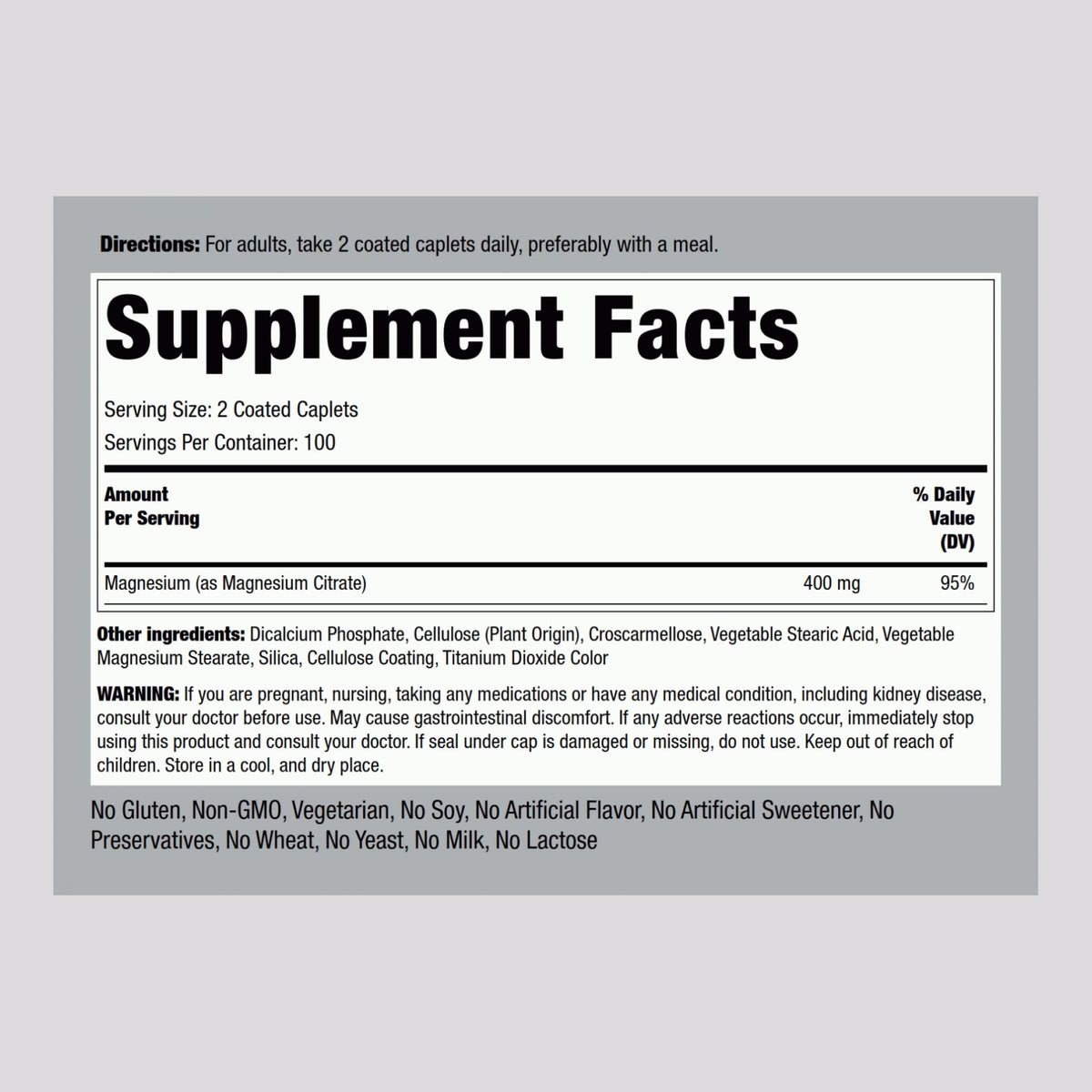Piping Rock Citrate de Magnésium 400 mg, emballage et informations