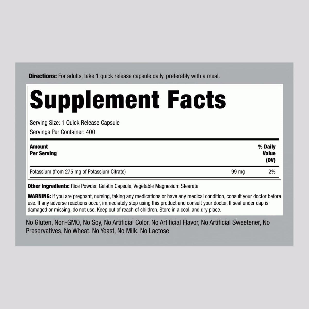Piping Rock Citrate de Potassium 275 mg gélule sur fond blanc