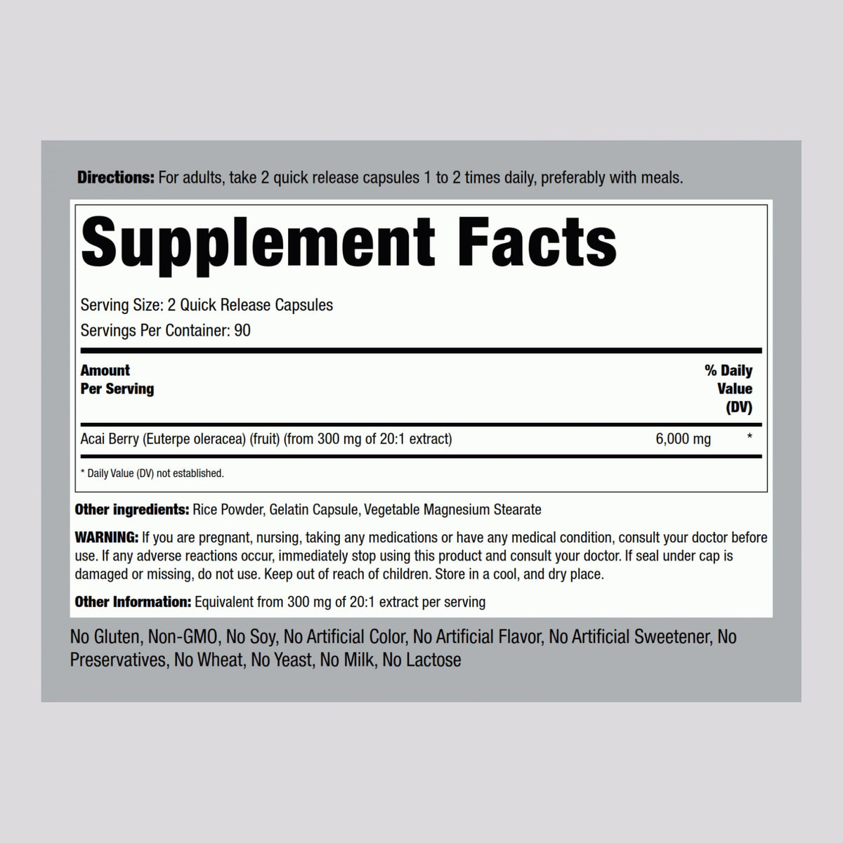 Piping Rock Complément Alimentaire Baies d'Açaï 180 capsules avec étiquette
