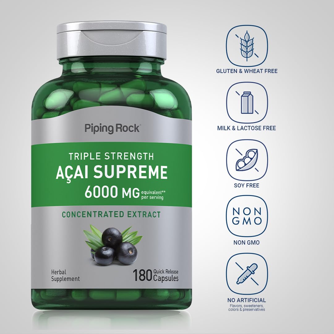 Piping Rock Complément Alimentaire Baies d'Açaï 180 capsules sur une surface en bois