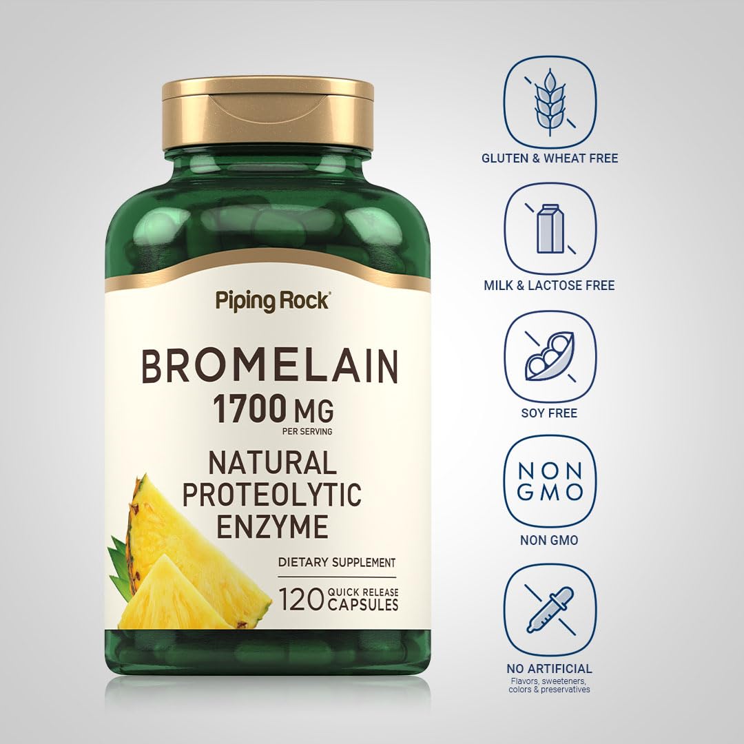 Piping Rock Complément Alimentaire Bromélaïne 1700 mg - 120 Capsules sur une table