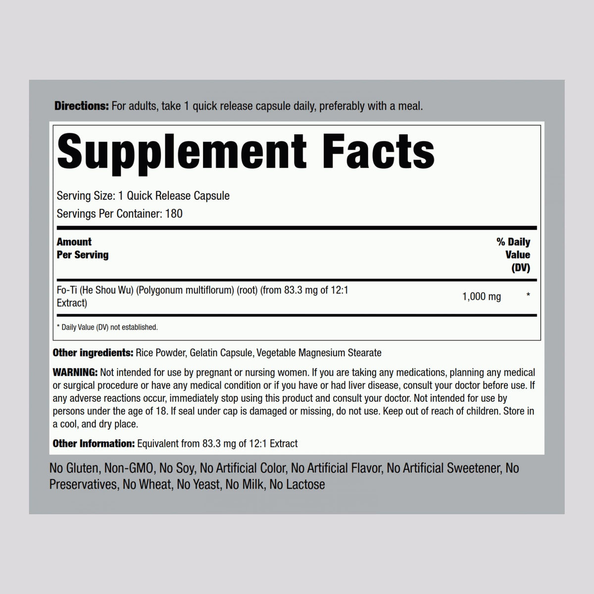 Piping Rock Complément Fo-Ti 180 Capsules arrière avec informations nutritionnelles