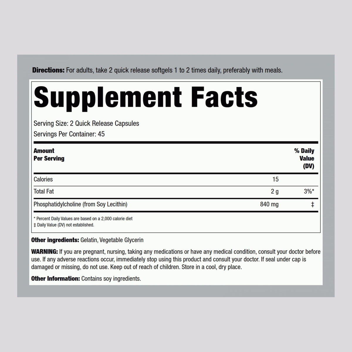 Piping Rock Complément Phosphatidylcholine 840mg gélules sur fond blanc