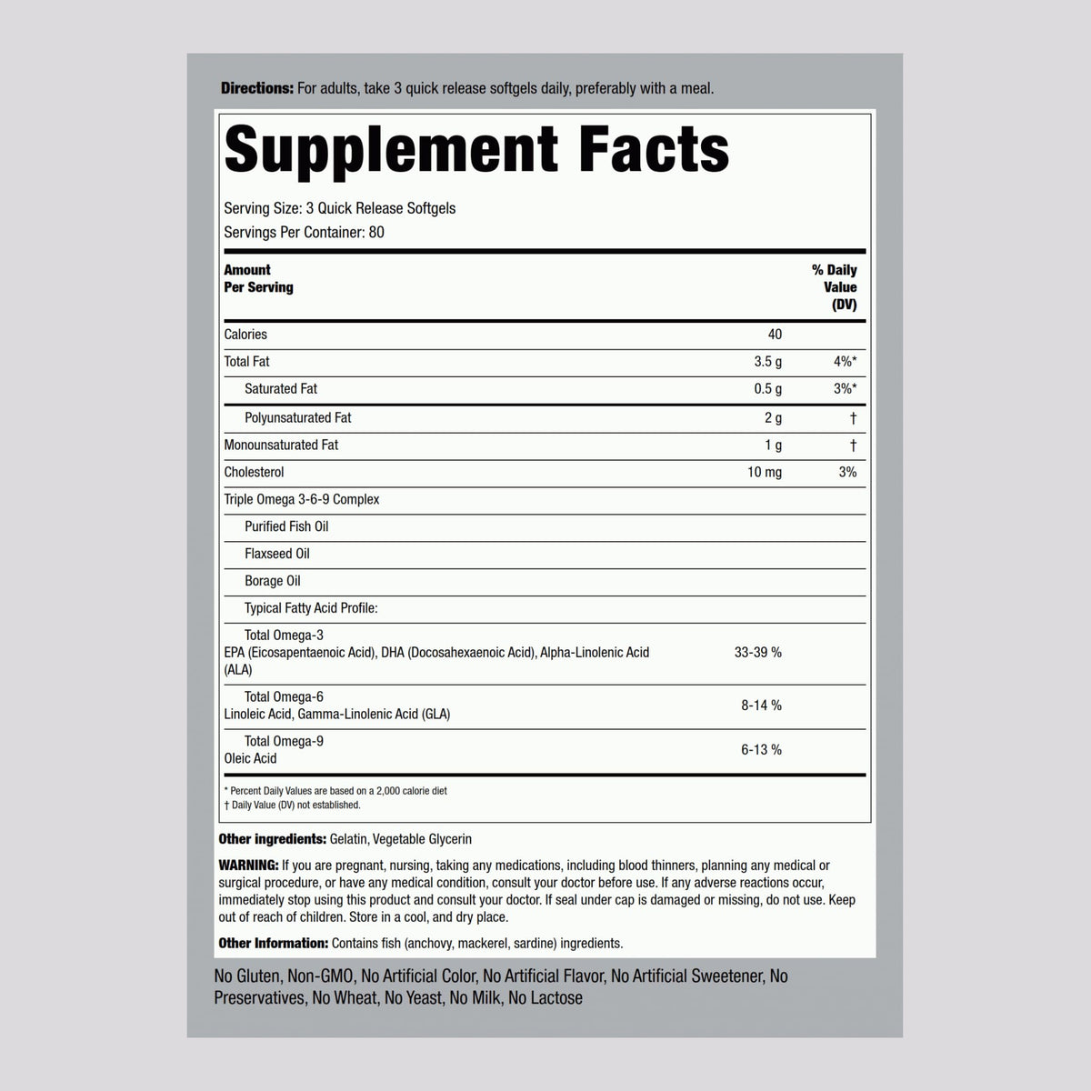 Piping Rock Compléments Alimentaires Omega 3 6 9 3600mg côté