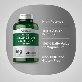 Piping Rock Complexe de Magnésium Triple 420 mg 200 Capsules avec bouchon ouvert