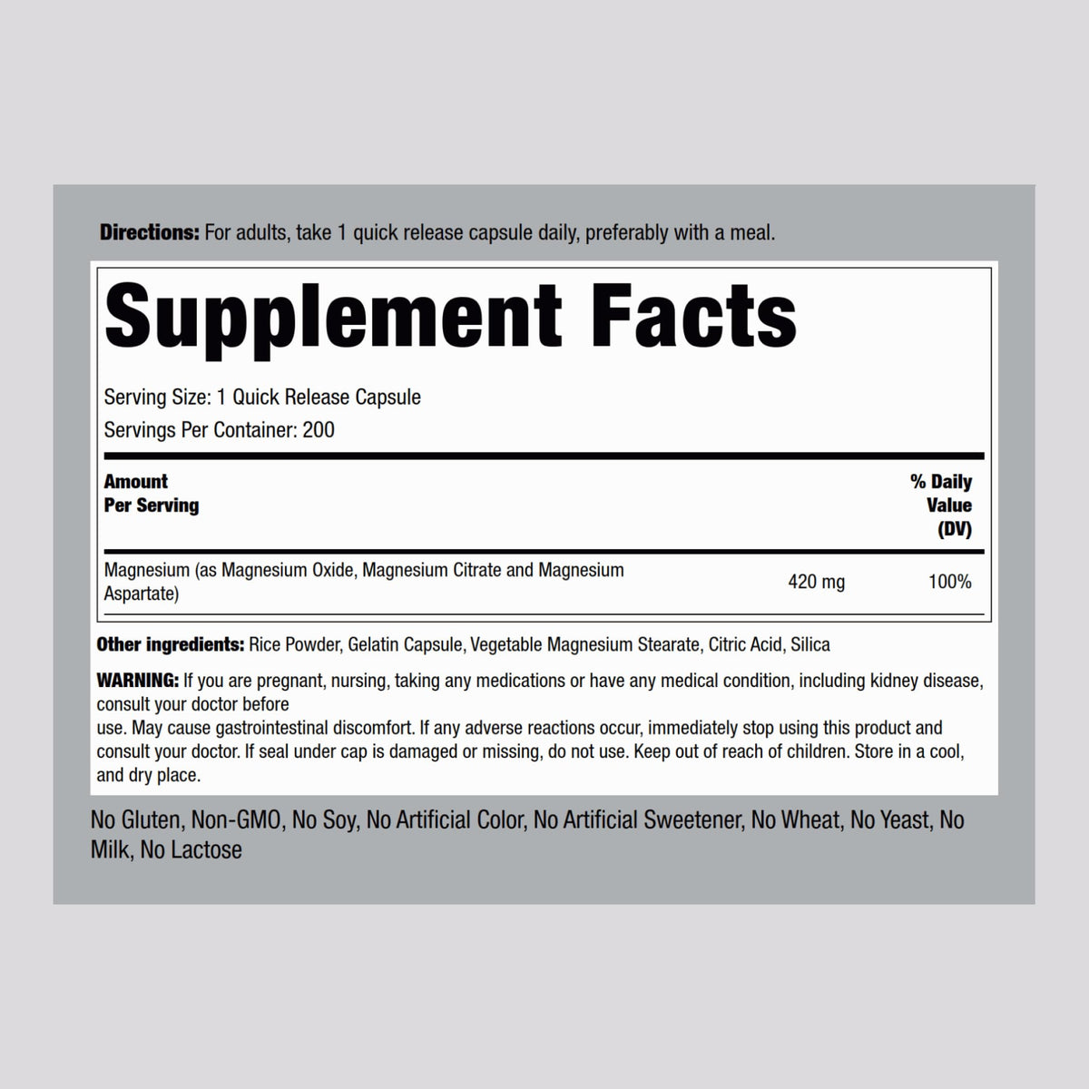 Piping Rock Complexe de Magnésium Triple 420 mg 200 Capsules côté