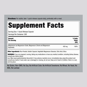 Piping Rock Complexe de Magnésium Triple 420 mg 200 Capsules côté