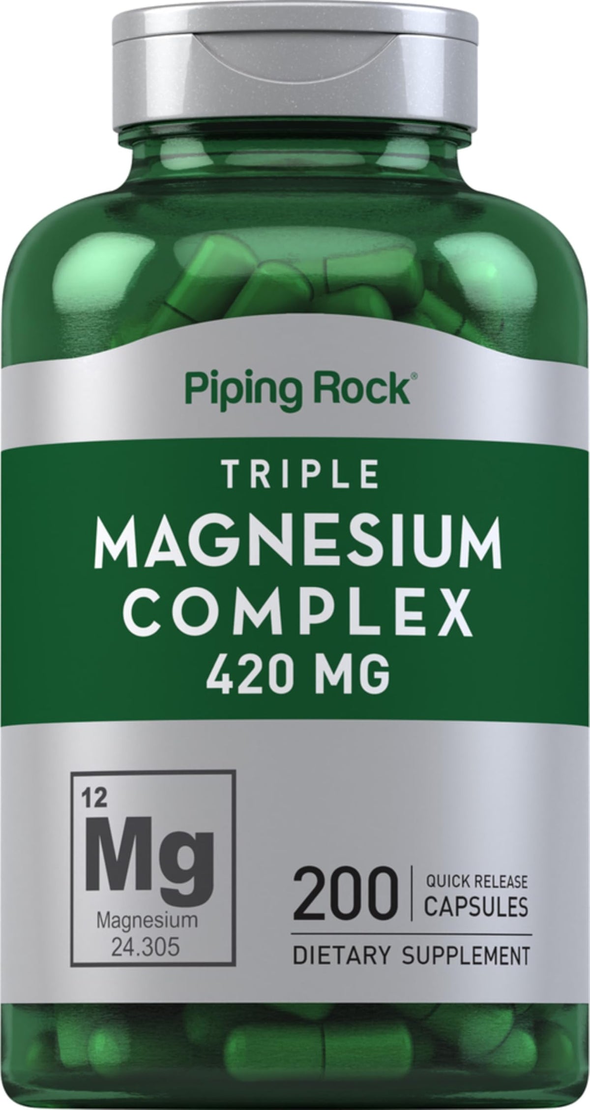 Piping Rock Complexe de Magnésium Triple 420 mg 200 Capsules vue de face
