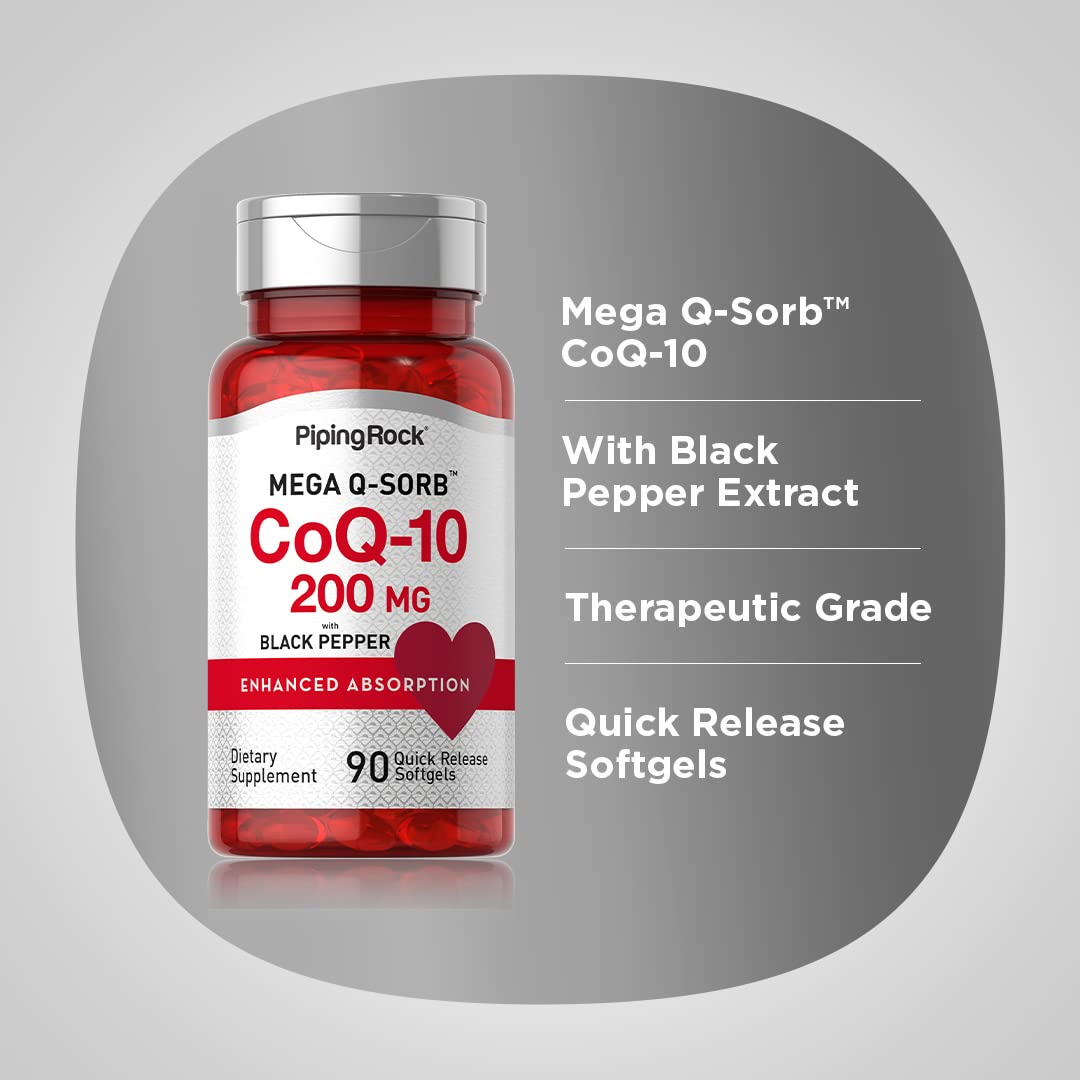Piping Rock CoQ10 200mg gélules molles sur une table avec des accessoires santé