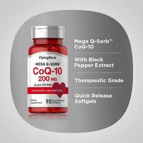 Piping Rock CoQ10 200mg gélules molles sur une table avec des accessoires santé