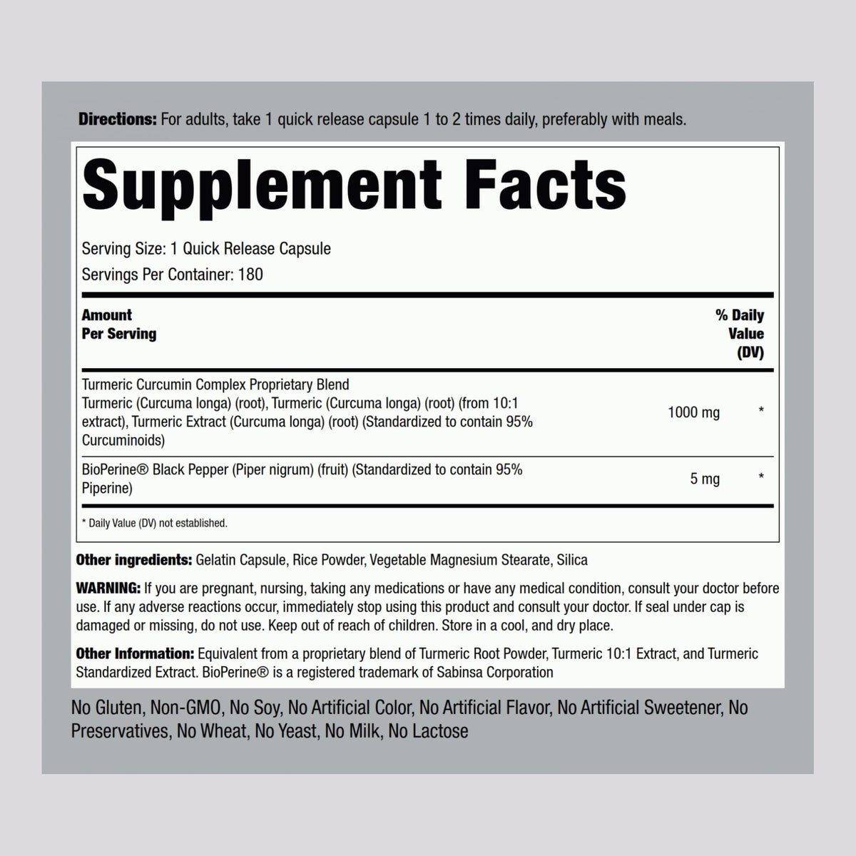 Piping Rock Curcuma Curcumin 180 Capsules arrière avec étiquette