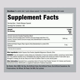 Piping Rock Curcuma Curcumin 180 Capsules arrière avec étiquette