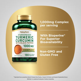 Piping Rock Curcuma Curcumin 180 Capsules avec extrait de poivre noir