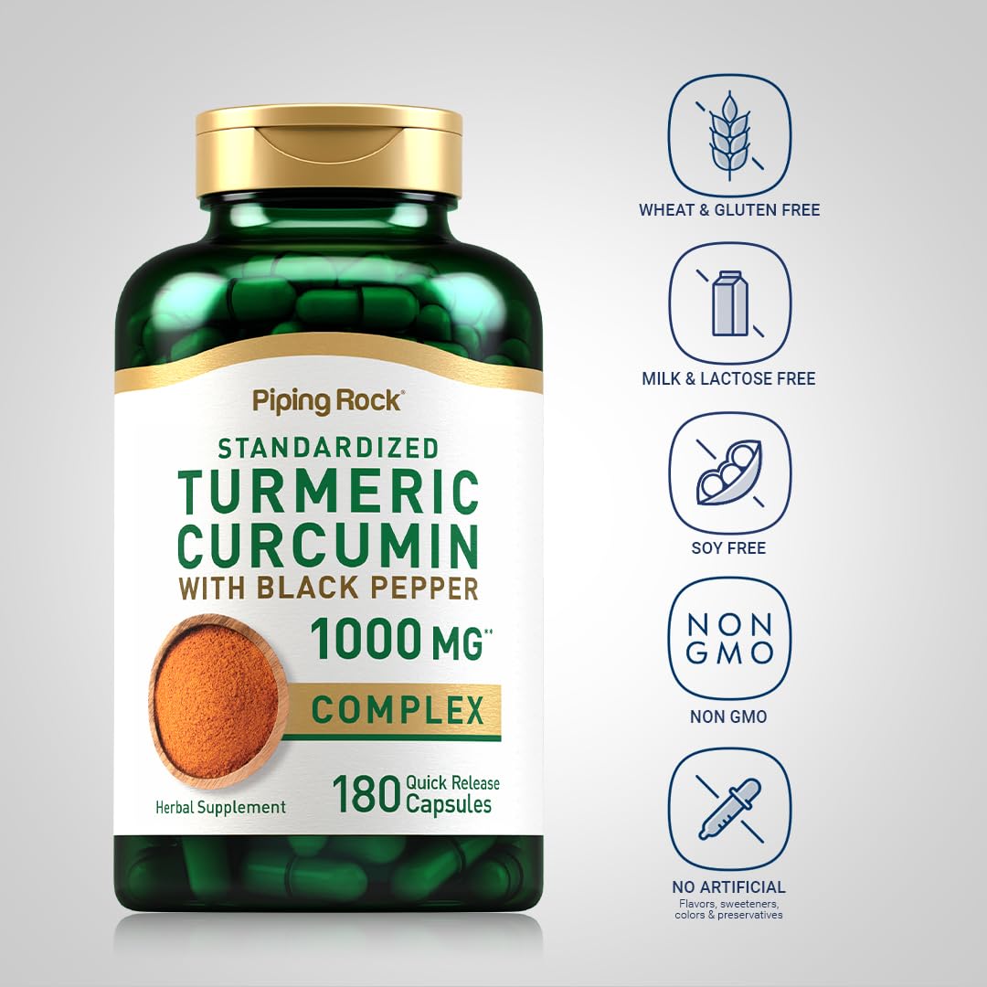 Piping Rock Curcuma Curcumin 180 Capsules côté montrant la taille des capsules
