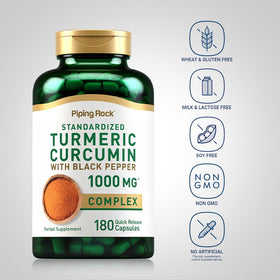 Piping Rock Curcuma Curcumin 180 Capsules côté montrant la taille des capsules
