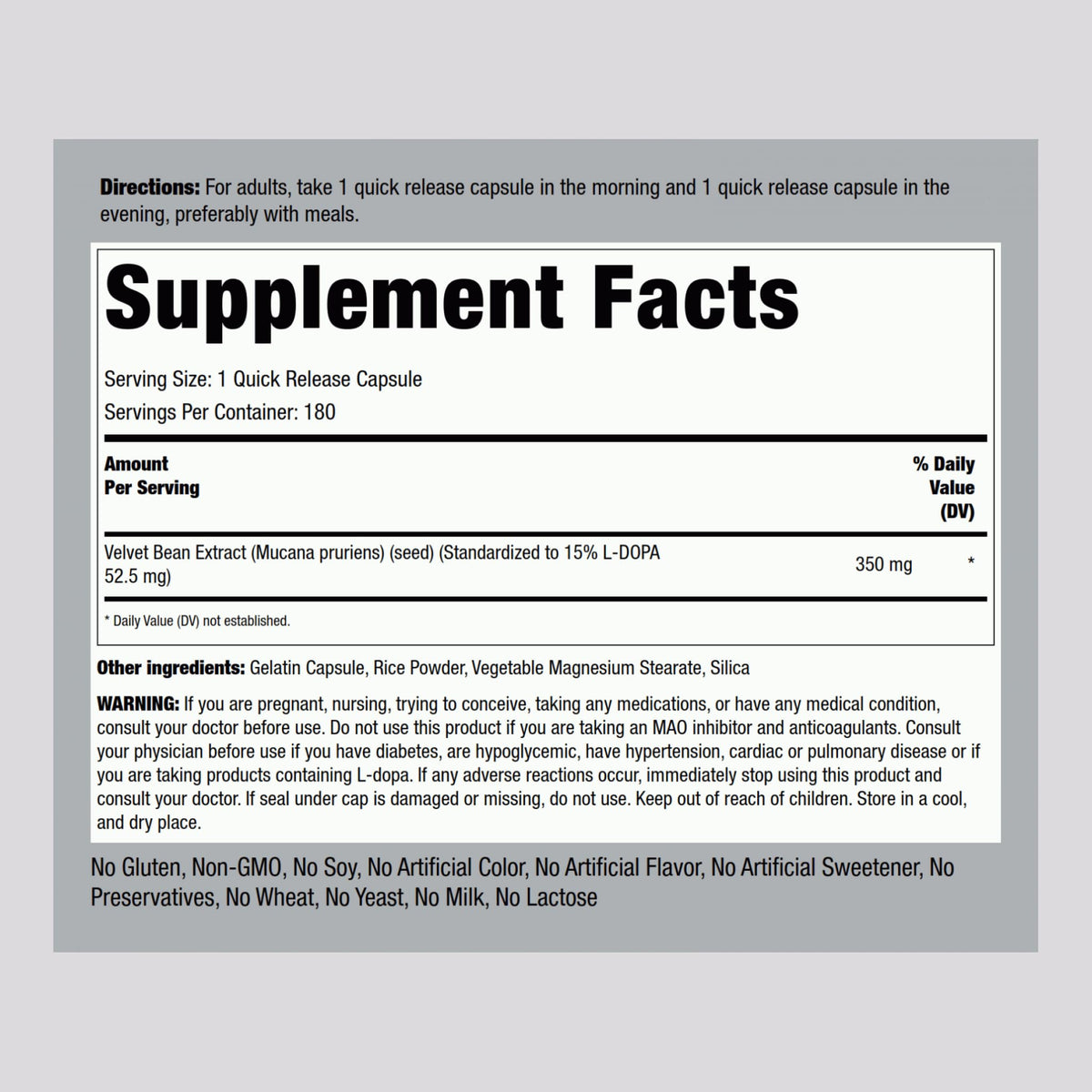 Piping Rock DOPA Mucuna capsules avec étiquette détaillée