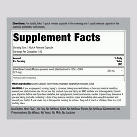Piping Rock DOPA Mucuna capsules avec étiquette détaillée
