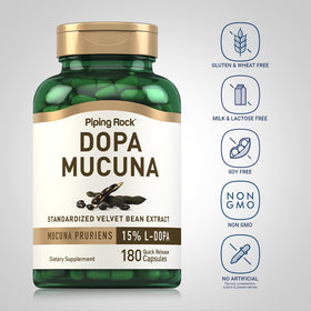 Piping Rock DOPA Mucuna capsules ouvertes pour montrer le contenu
