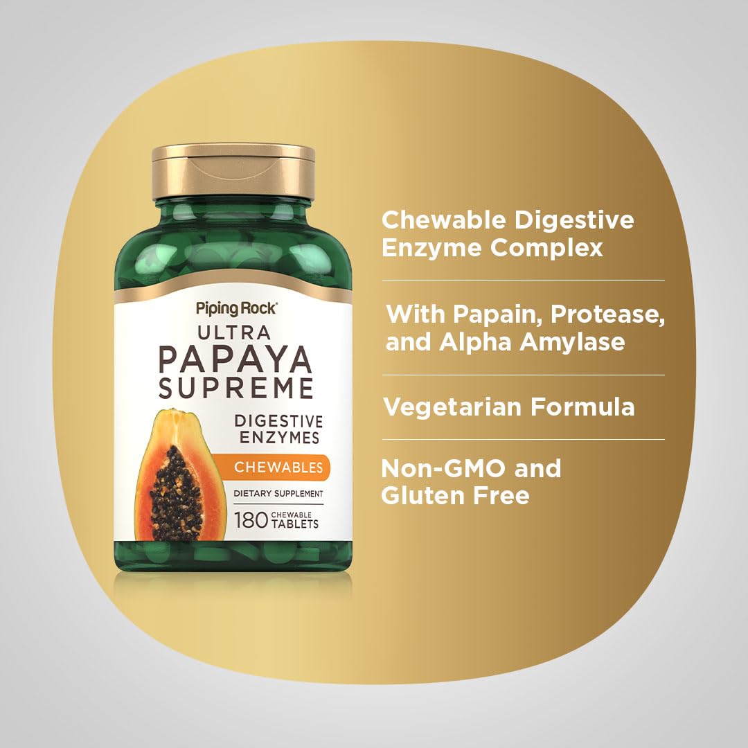 Piping Rock Enzymes à Mâcher à la Papaye avec fruits tropicaux en arrière-plan