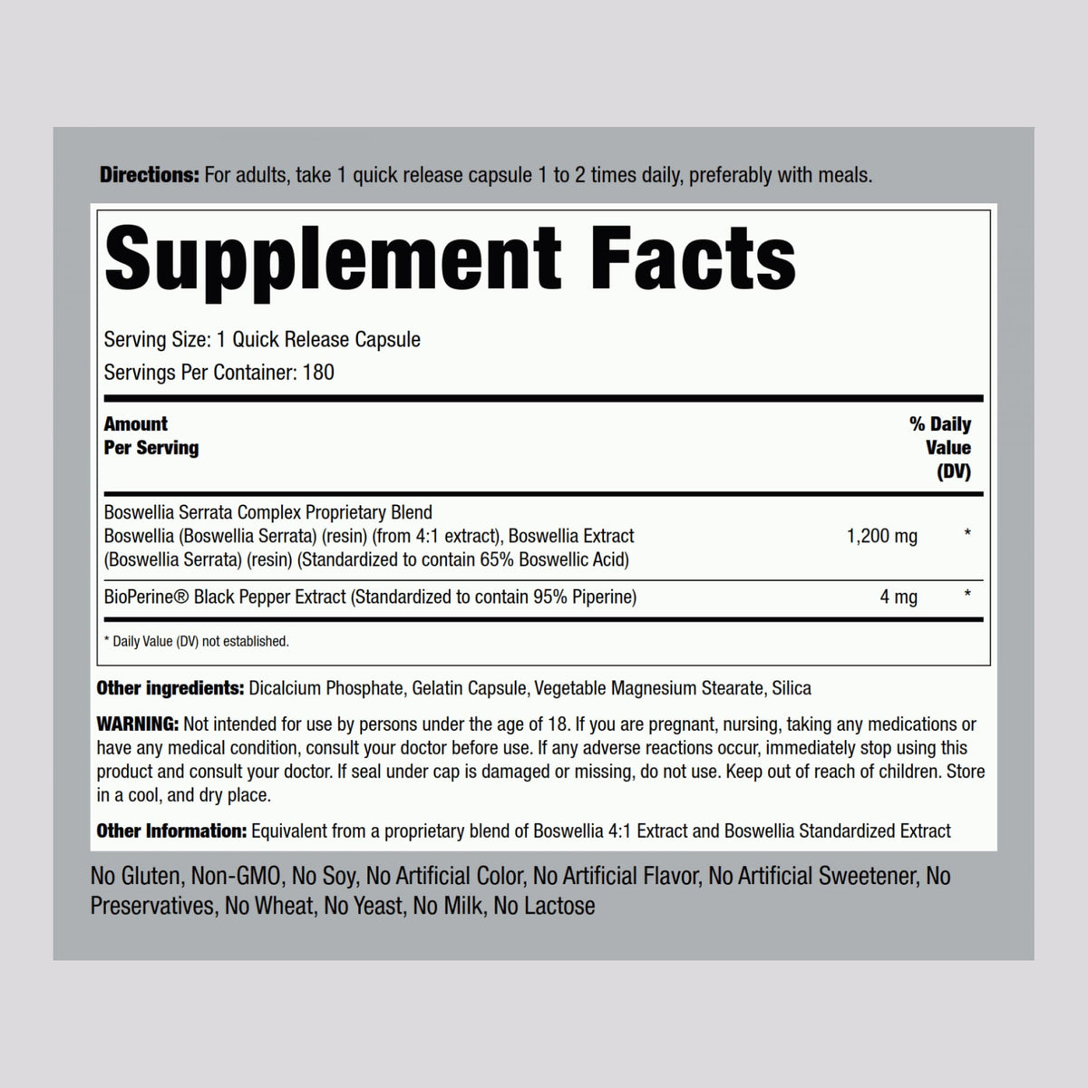 Piping Rock Extrait de Boswellia Serrata capsules avec étiquette