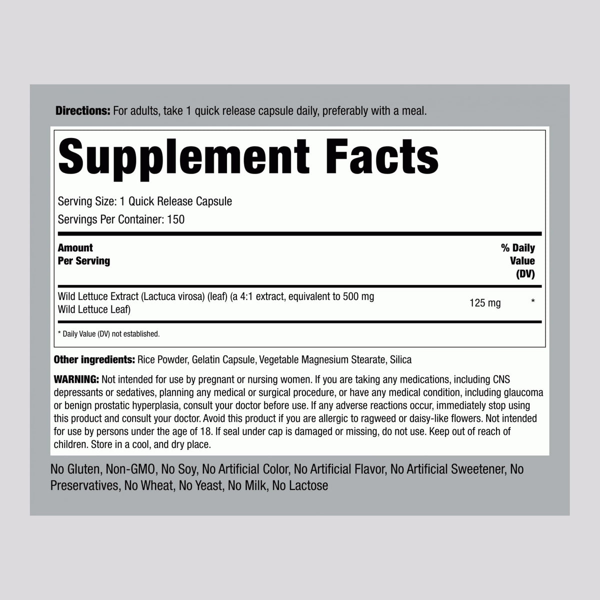 Piping Rock Extrait de Laitue Sauvage 150 Capsules arrière