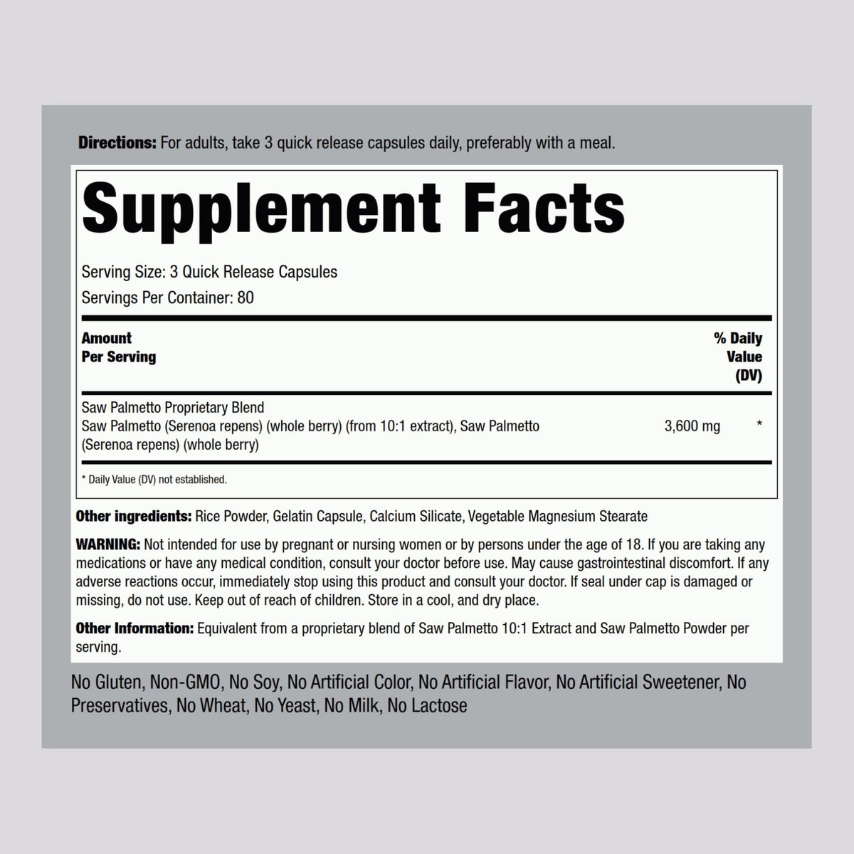 Piping Rock Extrait de Saw Palmetto emballage et capsules