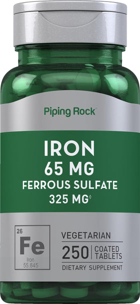Piping Rock Fer Ferreux Sulfate 65 mg 250 comprimés devant l'emballage